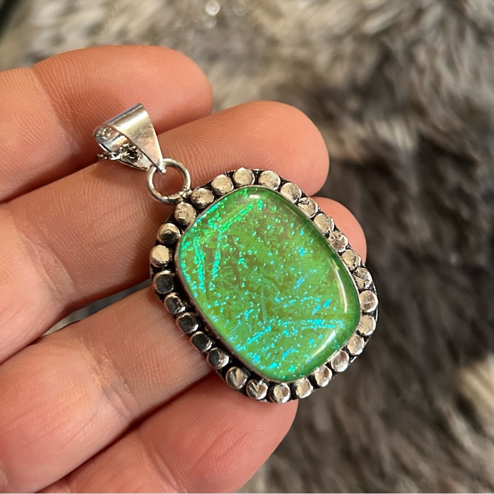 Handcrafted framed simulated opal 925 sterling pendant on chain necklace